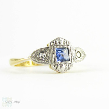 Vintage Sapphire Engagement Ring, Art Deco French Cut Sapphire Ring with Diamond Accents. 18 Carat & Platinum, Circa 1920s.