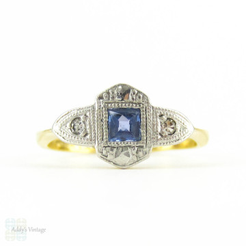 Vintage Sapphire Engagement Ring, Art Deco French Cut Sapphire Ring with Diamond Accents. 18 Carat & Platinum, Circa 1920s.