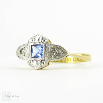 Vintage Sapphire Engagement Ring, Art Deco French Cut Sapphire Ring with Diamond Accents. 18 Carat & Platinum, Circa 1920s.