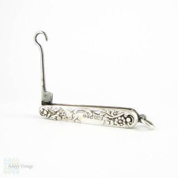 Antique Button Hook, Victorian Sterling Silver Engraved Floral Folding Glove Hook. Fully Hallmarked 1890s.