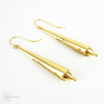 Victorian 9k Torpedo Drop Earrings, Antique Cannetille Wire Work Design, 9ct Gold.