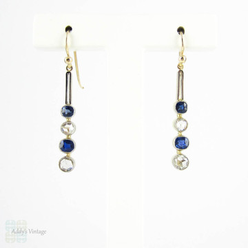 RESERVED. Sapphire & Rose Cut Diamond Drop Earrings, Bezel Set Graduated Dangle Earirngs. 15ct & Platinum, Victorian Conversion.