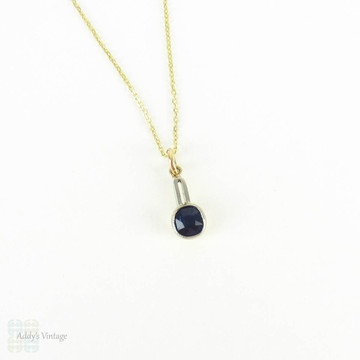 Antique Blue Sapphire Pendenant Conversion, Victorian Cushion Cut Blue Sapphire Pendant on 9ct Yellow Gold Chain.