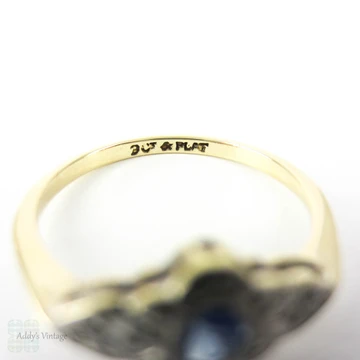 Vintage Sapphire & Diamond Engagement Ring, Oval Cut Blue Sapphire in Engraved Art Deco Setting. Circa 1920s, 9ct & PLAT.