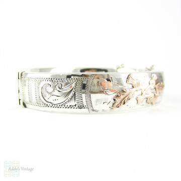 Mid Century Thistle Engraved Bangle Bracelet, Vintage Sterling Silver with 9ct Rose Gold Design. Circa 1960s, Scottish Flower.