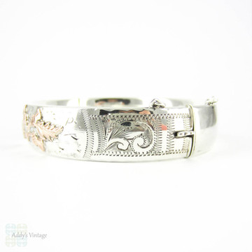 Mid Century Thistle Engraved Bangle Bracelet, Vintage Sterling Silver with 9ct Rose Gold Design. Circa 1960s, Scottish Flower.