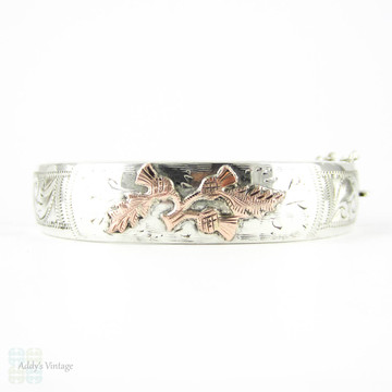 Mid Century Thistle Engraved Bangle Bracelet, Vintage Sterling Silver with 9ct Rose Gold Design. Circa 1960s, Scottish Flower.