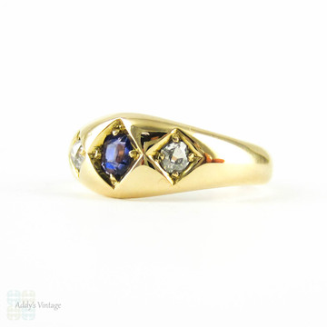 Victorian Sapphire & Diamond Ring, Three Stone 18 Carat Yellow Gold Band. Blue Sapphire & Old Mine Cut Diamonds, Circa 1880s.
