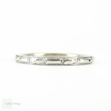 Art Deco Engraved Platinum Wedding Ring, Orange Blossom Wedding Band. Forget Me Not Floral Flower Design, Size I.5 / 4.75.