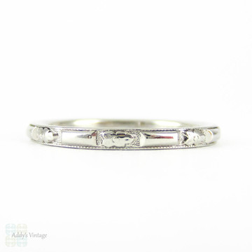 Art Deco Engraved Platinum Wedding Ring, Orange Blossom Wedding Band. Forget Me Not Floral Flower Design, Size I.5 / 4.75.