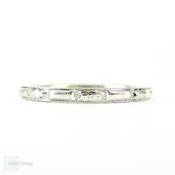 Art Deco Engraved Platinum Wedding Ring, Orange Blossom Wedding Band. Forget Me Not Floral Flower Design, Size I.5 / 4.75.