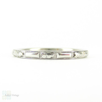 Art Deco Engraved Platinum Wedding Ring, Orange Blossom Wedding Band. Forget Me Not Floral Flower Design, Size I.5 / 4.75.