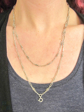 Antique 1900s French Silver Chain, Edwardian Fancy Link Long Guard Necklace. Circa 1900s, 120 cm / 47 inches.