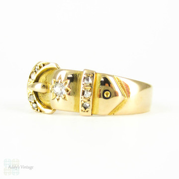 Victorian Diamond Buckle Ring, Antique 18 Carat Belt Design Ring with Old Mine Cut Diamond. Circa 1890s, Size N.5 / 7.