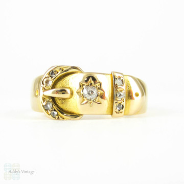 Victorian Diamond Buckle Ring, Antique 18 Carat Belt Design Ring with Old Mine Cut Diamond. Circa 1890s, Size N.5 / 7.