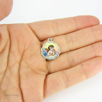 Antique Angel Charm Pendant, Cherub Enamel & Sterling Silver Late Victorian German Token, God Bless You. Circa 1890s.