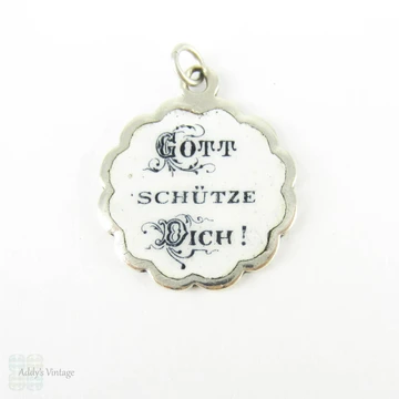 Antique Angel Charm Pendant, Cherub Enamel & Sterling Silver Late Victorian German Token, God Bless You. Circa 1890s.