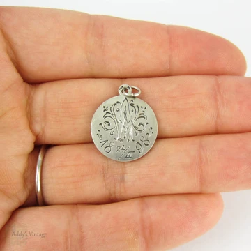 RESERVED. Victorian Enamel Angel Pendant, Cherub Charm Dated 1890s in Sterling Silver with Script Monogram.