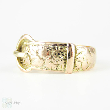 Antique 9ct Gold Buckle Ring, Edwardian Floral Engraved Buckle Ring. Circa 1900s, Size O.5 / 7.5.