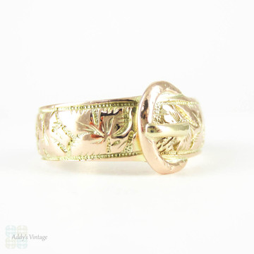 Antique 9ct Gold Buckle Ring, Edwardian Floral Engraved Buckle Ring. Circa 1900s, Size O.5 / 7.5.