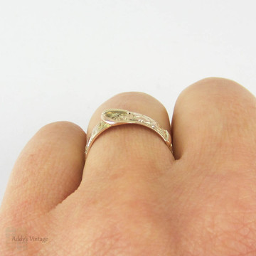 Antique 9ct Gold Buckle Ring, Edwardian Floral Engraved Buckle Ring. Circa 1900s, Size O.5 / 7.5.