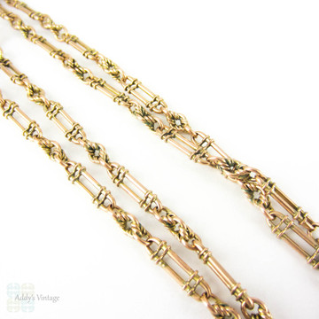 Antique 9 Carat Gold Chain, Fancy Oval & Knot Shaped Links. Late Victorian 1880s, 53.5 cm / 21 inches, 12.75 grams.