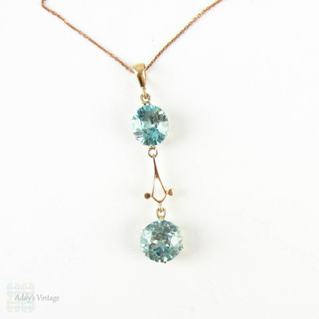 Art Nouveau Blue Zircon Pendant, Vintage Double Blue Zircon Drop Necklace in 9 Carat Rose Gold. Circa 1910s.