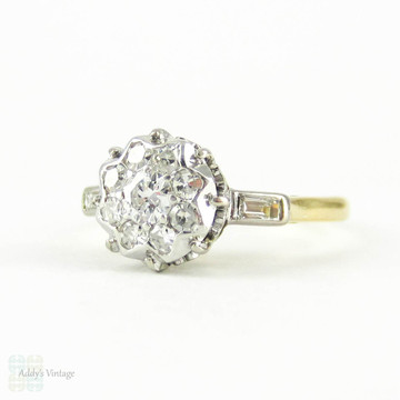 Retro Diamond Engagement Ring, Round Cluster Ring  with Baguette Diamonds in 18ct & Plat. Circa 1940s, 0.42 ctw.