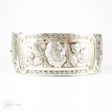 Victorian Aesthetic Sterling Silver Bracelet, Antique Rose Flower Blossoms & Engraved Design Bangle. Circa 1880s.