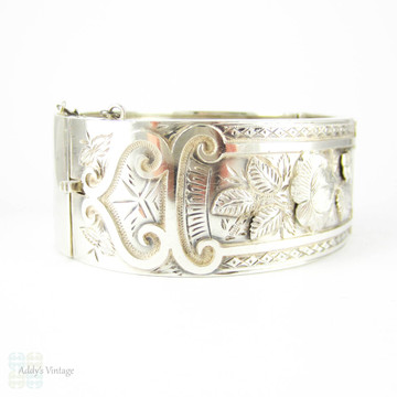 Victorian Aesthetic Sterling Silver Bracelet, Antique Rose Flower Blossoms & Engraved Design Bangle. Circa 1880s.