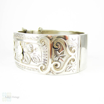Victorian Aesthetic Sterling Silver Bracelet, Antique Rose Flower Blossoms & Engraved Design Bangle. Circa 1880s.