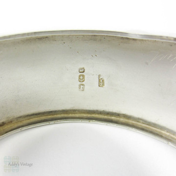 Victorian Aesthetic Sterling Silver Bracelet, Antique Rose Flower Blossoms & Engraved Design Bangle. Circa 1880s.