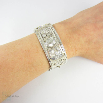 Victorian Aesthetic Sterling Silver Bracelet, Antique Rose Flower Blossoms & Engraved Design Bangle. Circa 1880s.