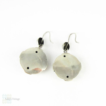 Antique Sterling Silver Earrings, Victorian Celtic Design Disc Shaped Dangle Earrings. Diamond Registration Mark, Circa 1870s.