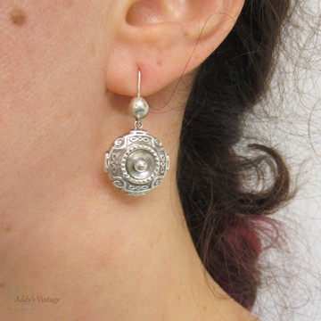 Antique Sterling Silver Earrings, Victorian Celtic Design Disc Shaped Dangle Earrings. Diamond Registration Mark, Circa 1870s.