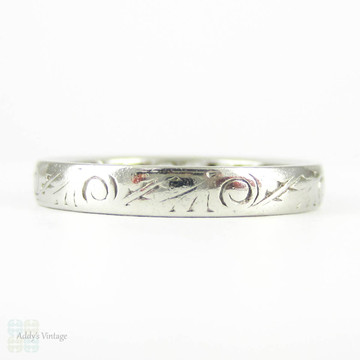 Art Deco Platinum & Diamond Wedding Ring, 0.70 ctw Diamond Half Eternity with Engraved Design. Circa 1910s, Size N.5 / 7.