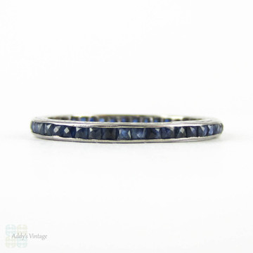 Art Deco French Cut Sapphire Eternity Ring, 18ct White Gold Engraved Side Wedding Band. Circa 1930s, Size M.5 / 6.5.