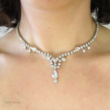 Vintage Rhinestone Necklace by La-Rel with Round, Pear and Oval Cut Rhinestones. Short Choker Wedding Necklace with Pear Drop, Circa 1950s.