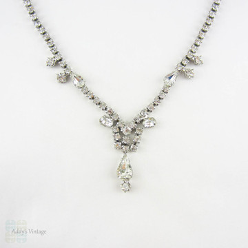 Vintage Rhinestone Necklace by La-Rel with Round, Pear and Oval Cut Rhinestones. Short Choker Wedding Necklace with Pear Drop, Circa 1950s.
