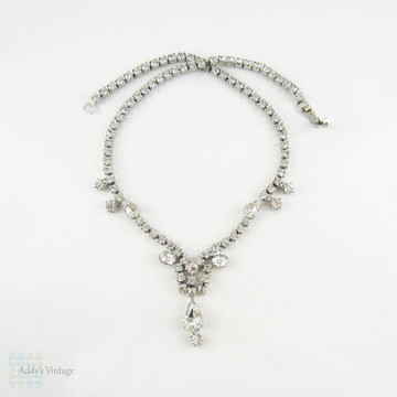Vintage Rhinestone Necklace by La-Rel with Round, Pear and Oval Cut Rhinestones. Short Choker Wedding Necklace with Pear Drop, Circa 1950s.