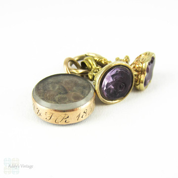 Antique Miniature Amethyst Seals & Hair Locket, Victorian Small Trinkets Charms on Split Ring, Pinchbeck and 9 Carat Gold, 1850s.