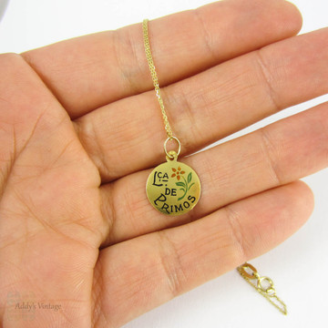 Vintage Enamel Flower Charm, Portugese Christening Token Pendant L'CA DE PRIMOS. 800 Yellow Gold & 9ct Chain, Circa 1970s.