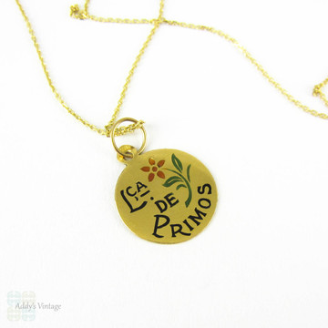 Vintage Enamel Flower Charm, Portugese Christening Token Pendant L'CA DE PRIMOS. 800 Yellow Gold & 9ct Chain, Circa 1970s.