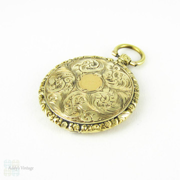 Antique Gold Fill Locket, Victorian Engraved Large Hair Locket with Embossed Flower Design. Circa 1860s.