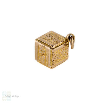 RESERVED. Antique Victorian Cube Charm, Engraved Foliate Leaf Design Folded Square 9ct Pendant. Circa 1880s.