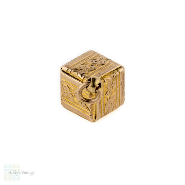 RESERVED. Antique Victorian Cube Charm, Engraved Foliate Leaf Design Folded Square 9ct Pendant. Circa 1880s.