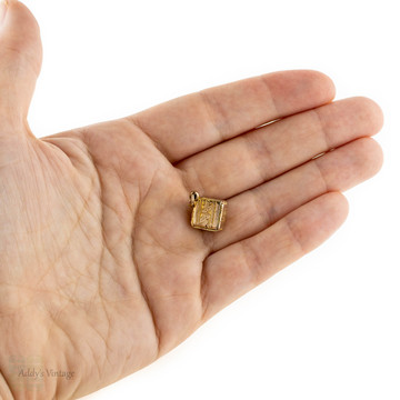 RESERVED. Antique Victorian Cube Charm, Engraved Foliate Leaf Design Folded Square 9ct Pendant. Circa 1880s.