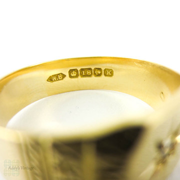 Art Deco Diamond Signet Ring, Engraved Men's Signet Ring with Single Diamond. 18ct Gold, Circa 1930s.
