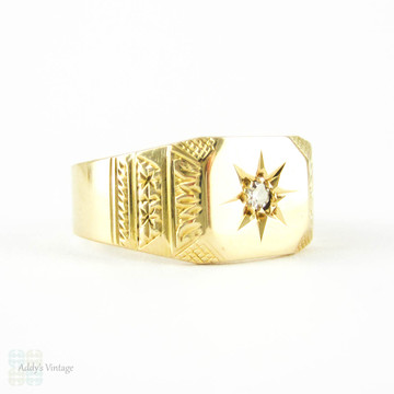 Art Deco Diamond Signet Ring, Engraved Men's Signet Ring with Single Diamond. 18ct Gold, Circa 1930s.