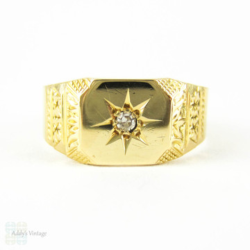 Art Deco Diamond Signet Ring, Engraved Men's Signet Ring with Single Diamond. 18ct Gold, Circa 1930s.